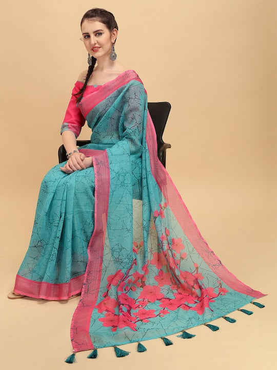 Sky Blue Colour Linen Saree , Causal wear