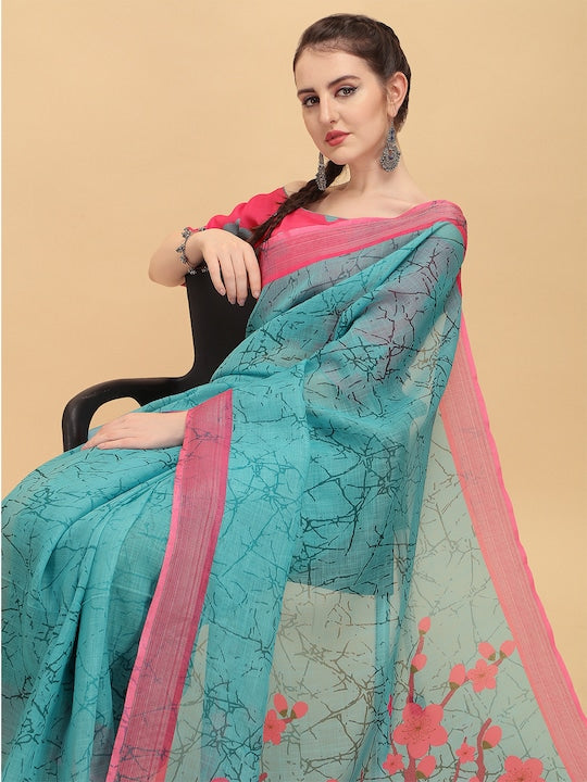 Sky Blue Colour Linen Saree , Causal wear