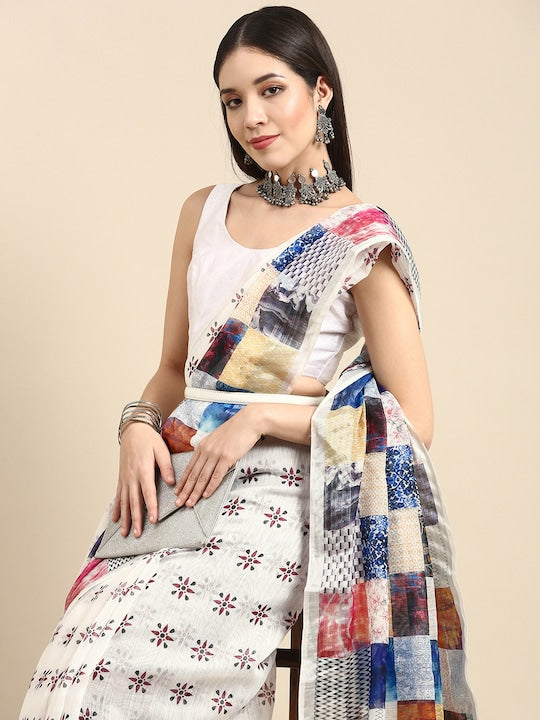 Pure Linen Saree Multi Color Festival Wear