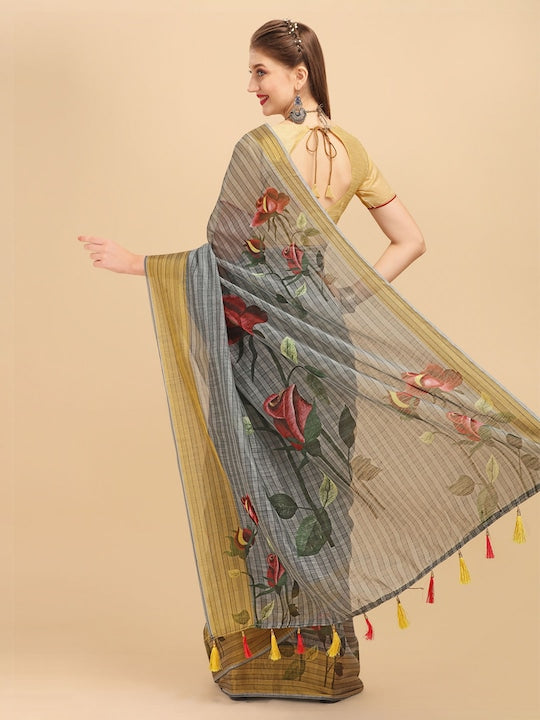 Pure Linen Saree Grey Color Festival Wear