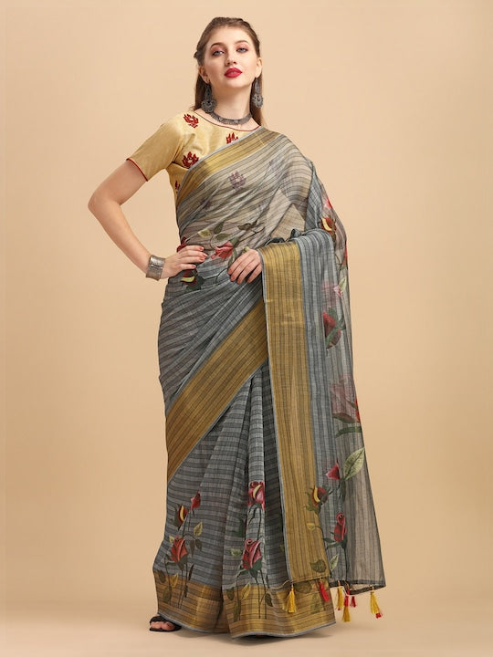 Pure Linen Saree Grey Color Festival Wear