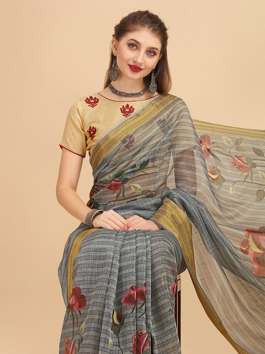 Pure Linen Saree Grey Color Festival Wear