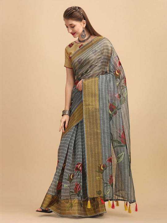 Pure Linen Saree Grey Color Festival Wear