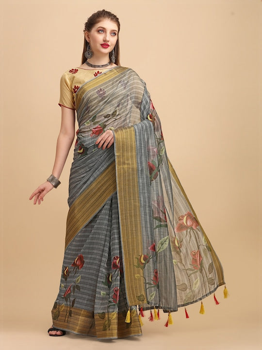 Pure Linen Saree Grey Color Festival Wear