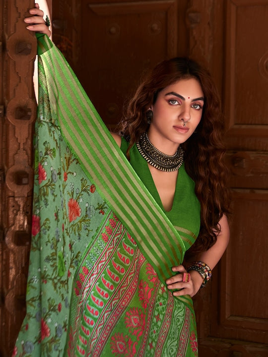 Pure linen saree Green Colour Festival Wear