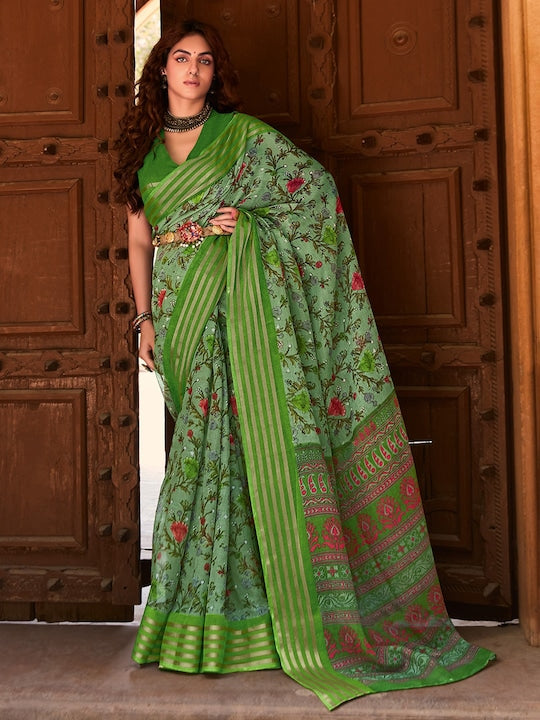 Pure linen saree Green Colour Festival Wear