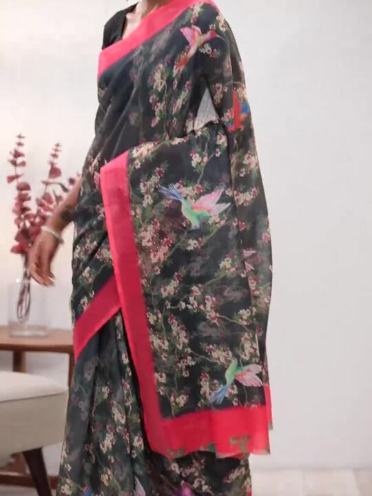 Pure linen saree Black Colour Festival Wear