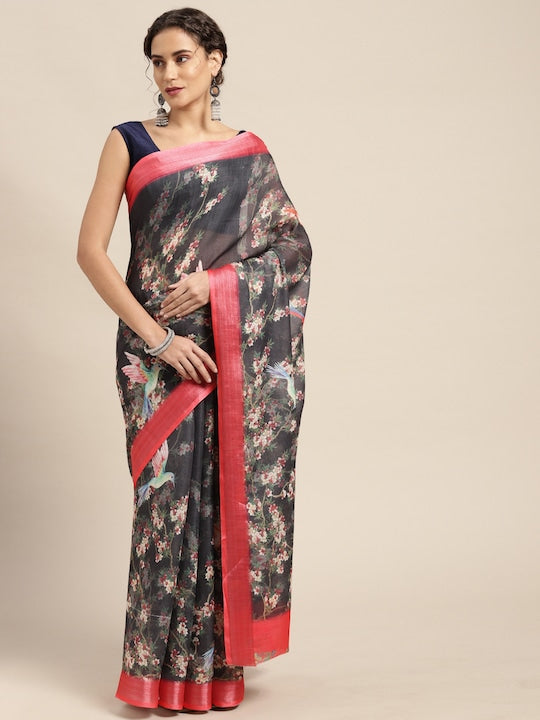 Pure linen saree Black Colour Festival Wear