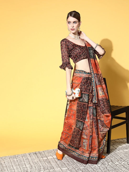 Pure linen saree Orange Colour Festival Wear