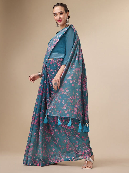 Blooming Women's Rama Blue Floral Printed Linen Saree