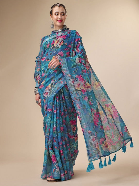 Fairy-tale Rama Colored Party Wear Pure linen Printed Saree