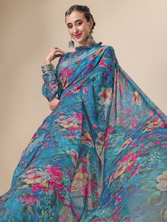 Fairy-tale Rama Colored Party Wear Pure linen Printed Saree