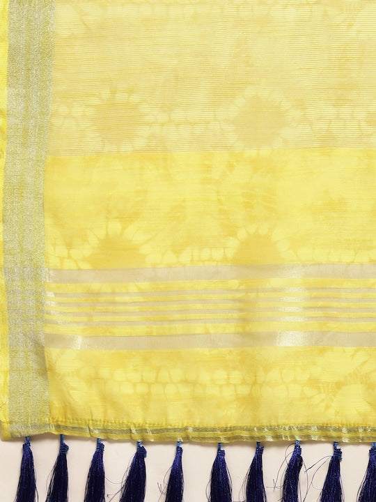 Glowing Sky Blue And Yellow Colored Casual Wear Printed Linen Saree