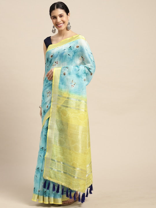 Glowing Sky Blue And Yellow Colored Casual Wear Printed Linen Saree