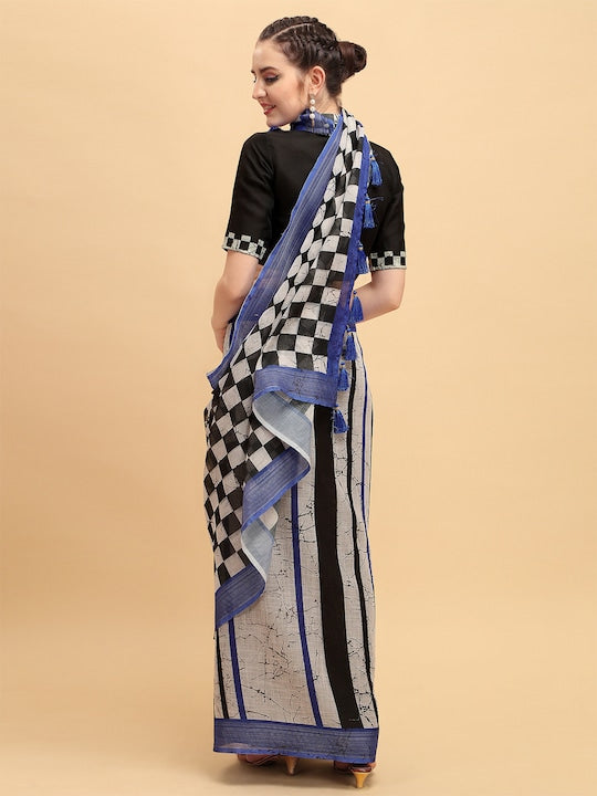 Fancy Weaving Black & White Printed  Linen Saree