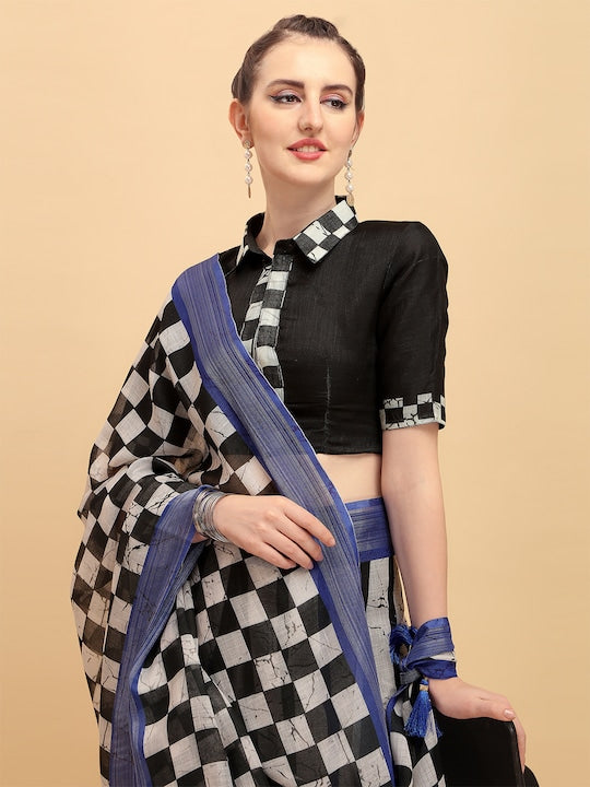 Fancy Weaving Black & White Printed  Linen Saree