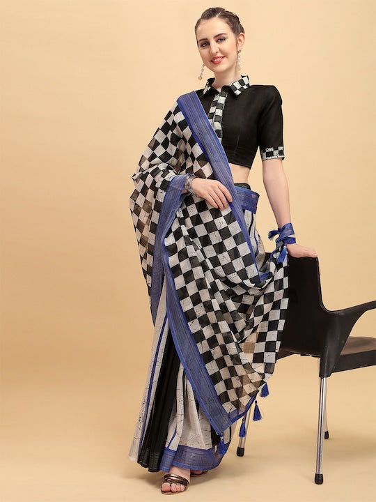 Fancy Weaving Black & White Printed  Linen Saree