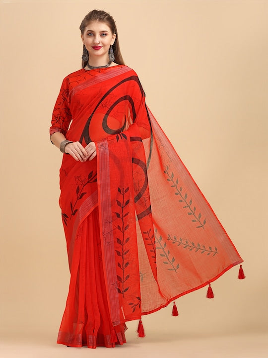 Unique Orange Colored Festive Wear Pure Linen Designer Saree