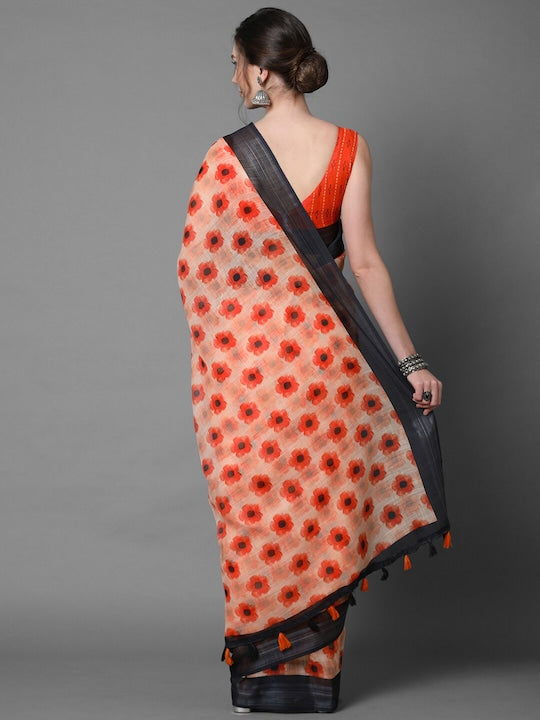 Fantastic Cream-Orange Floral Printed Linen Saree