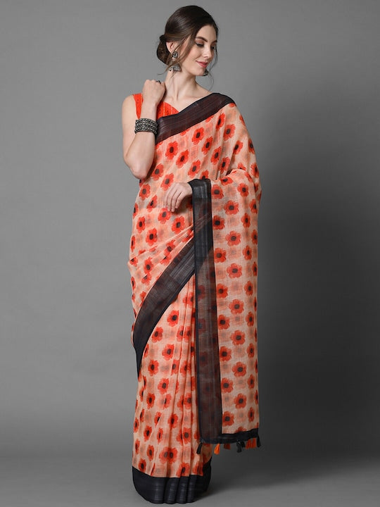 Fantastic Cream-Orange Floral Printed Linen Saree