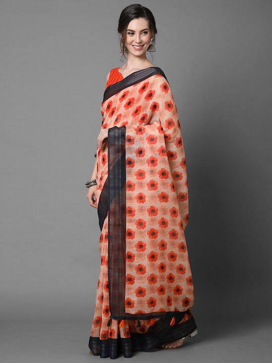 Fantastic Cream-Orange Floral Printed Linen Saree