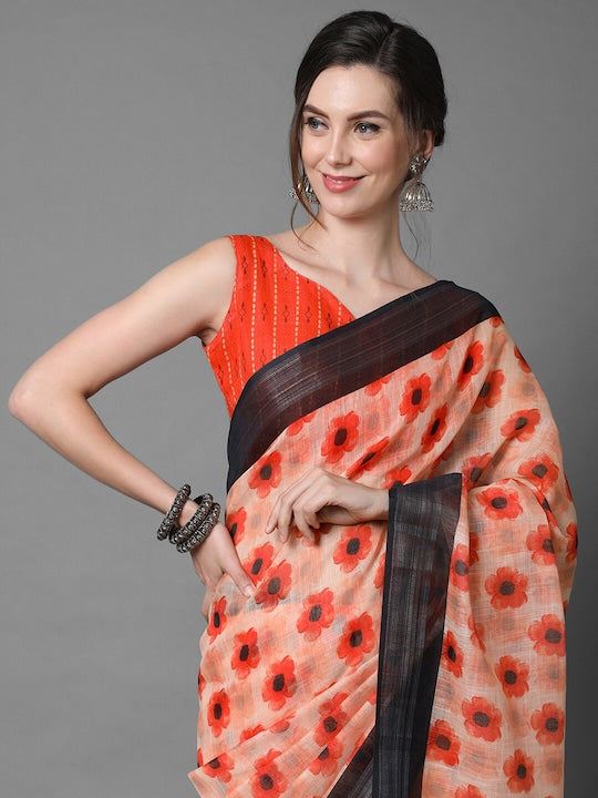 Fantastic Cream-Orange Floral Printed Linen Saree