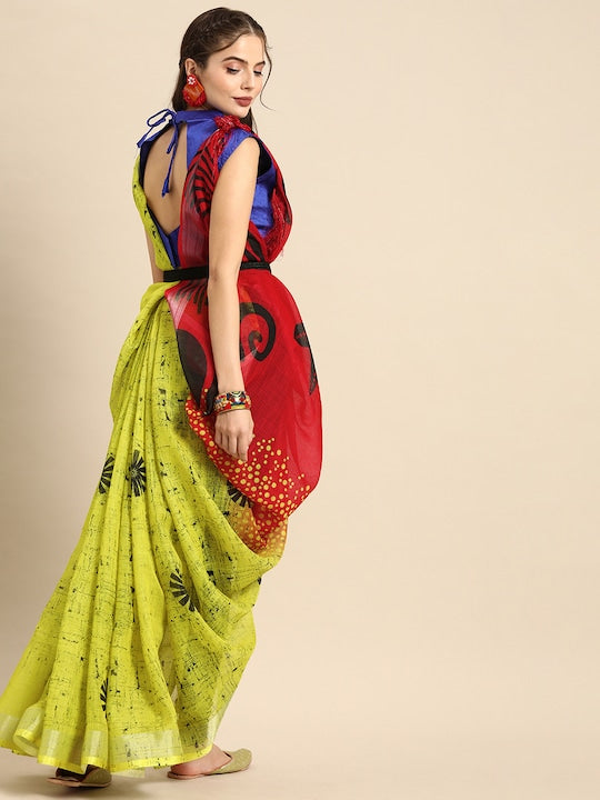 Imposing Yellow And Red Colored Festive Wear Woven Linen Saree