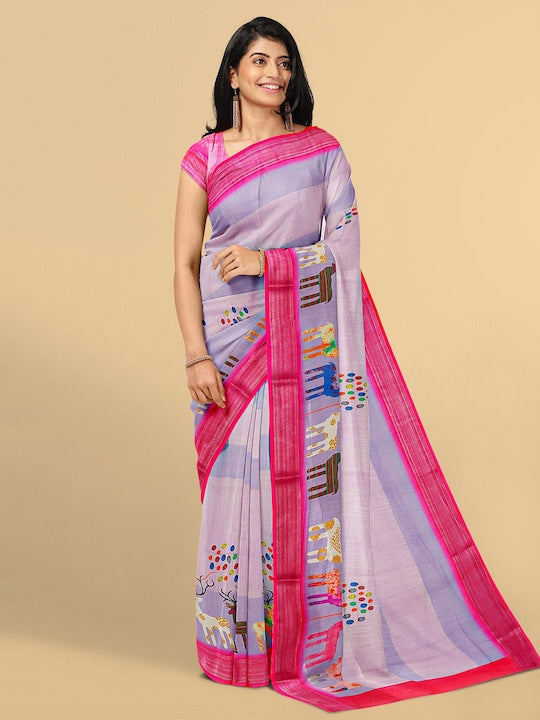 Pink color Festive Wear Printed Pure Linen Saree