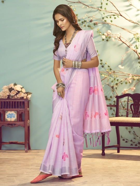 Baby Pink Color Festive Wear Printed Pure Linen Saree