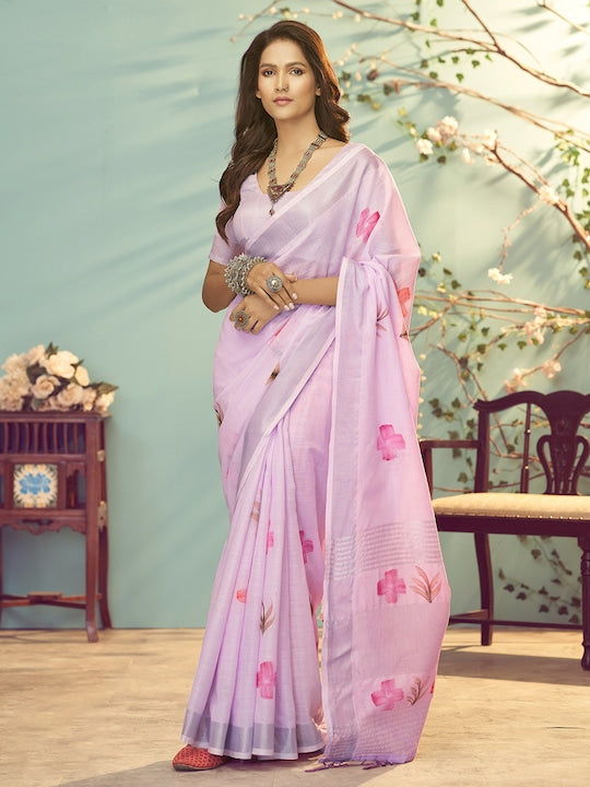 Baby Pink Color Festive Wear Printed Pure Linen Saree