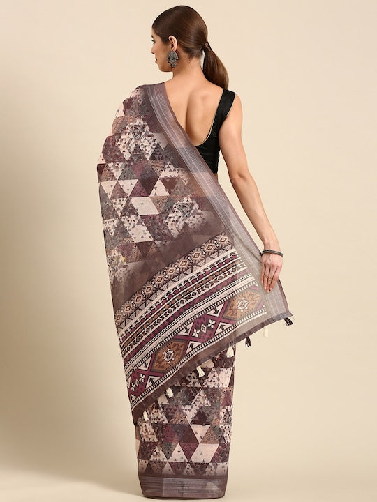 Dark Brown Color Festive Wear Printed Pure Linen Saree