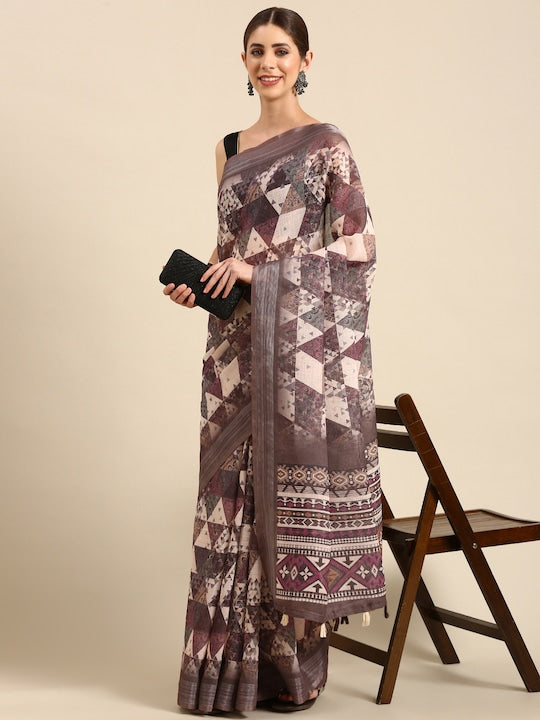 Dark Brown Color Festive Wear Printed Pure Linen Saree