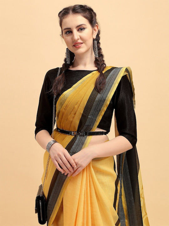 Yellow Color Festive Wear Printed Pure Linen Saree