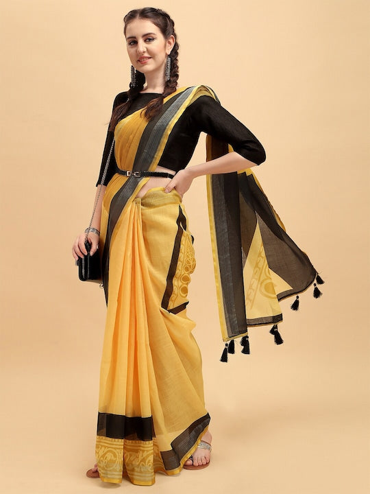 Yellow Color Festive Wear Printed Pure Linen Saree