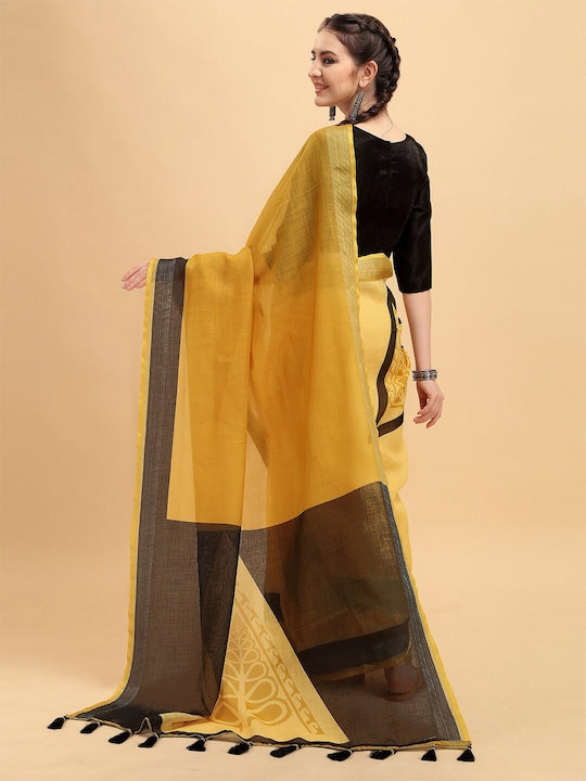 Yellow Color Festive Wear Printed Pure Linen Saree