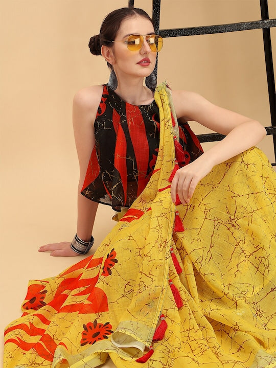 Yellow Color Festive Wear Printed Pure Linen Saree