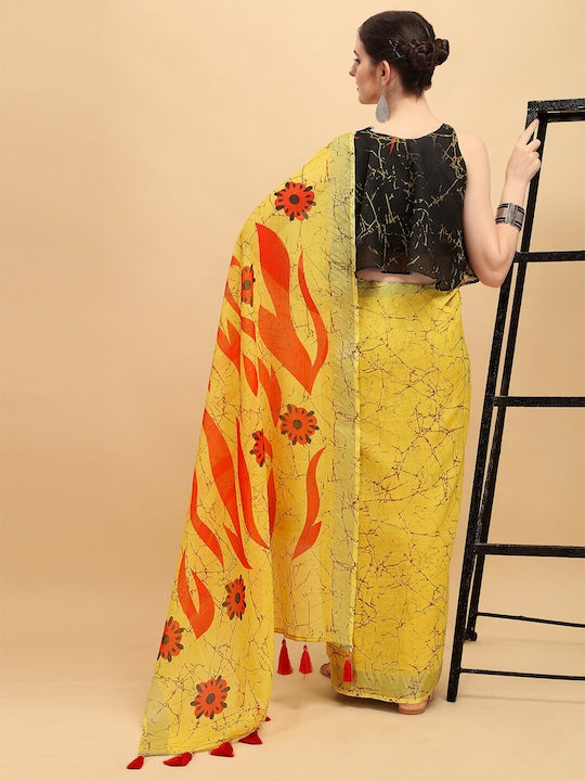 Yellow Color Festive Wear Printed Pure Linen Saree