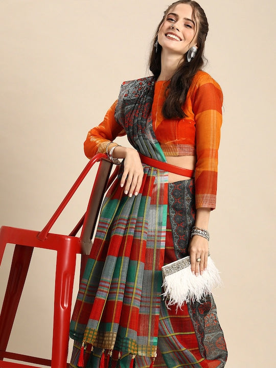 Multi Color Festive Wear Printed Pure Linen Saree