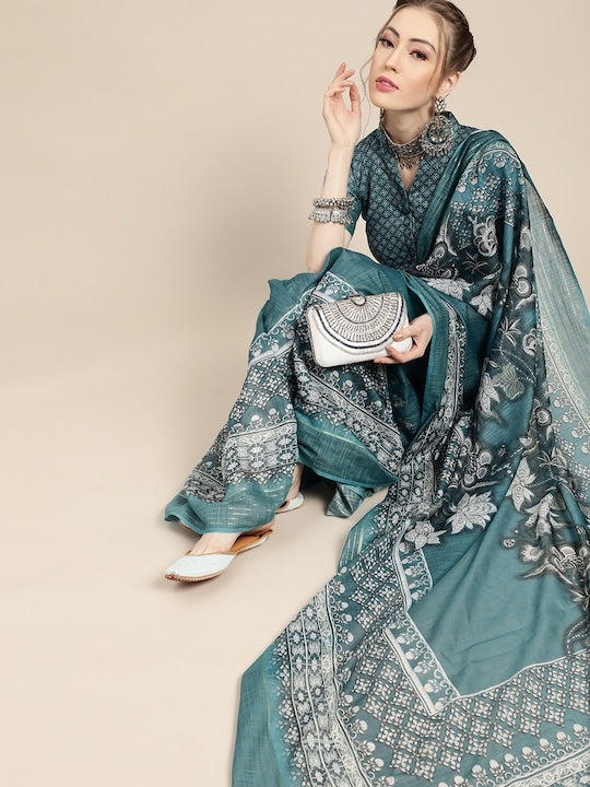 Light Air Force Color Casual Wear Printed Pure Linen Saree