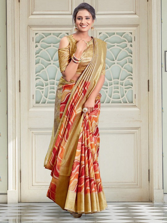 Orange Color Casual Wear Printed Pure Linen Saree