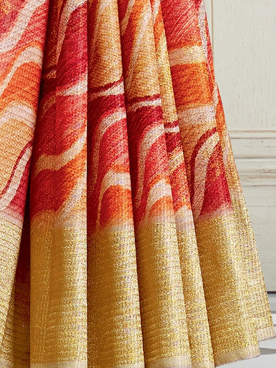 Orange Color Casual Wear Printed Pure Linen Saree