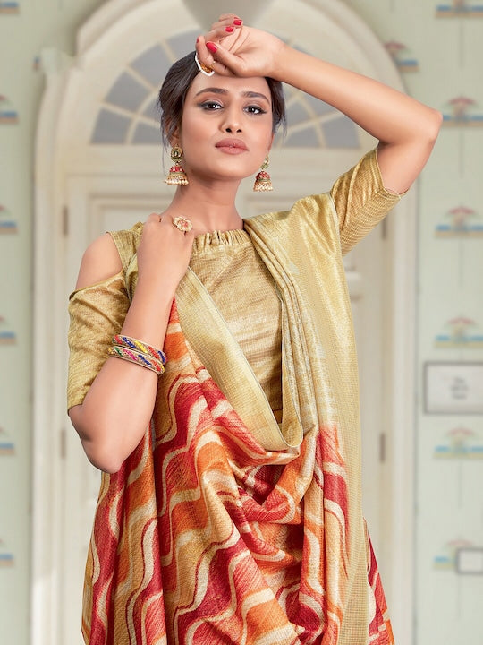 Orange Color Casual Wear Printed Pure Linen Saree