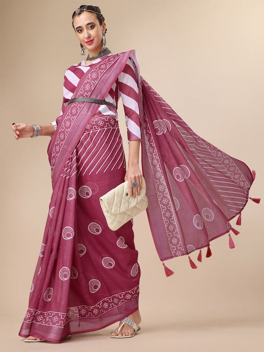 Maroon Color Casual Wear Printed Pure Linen Saree