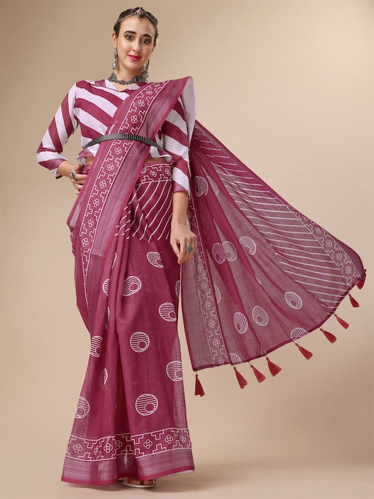 Maroon Color Casual Wear Printed Pure Linen Saree