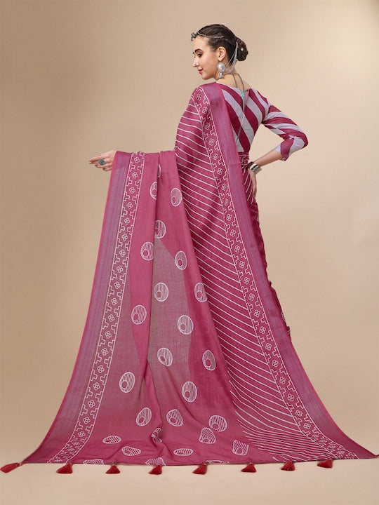 Maroon Color Casual Wear Printed Pure Linen Saree