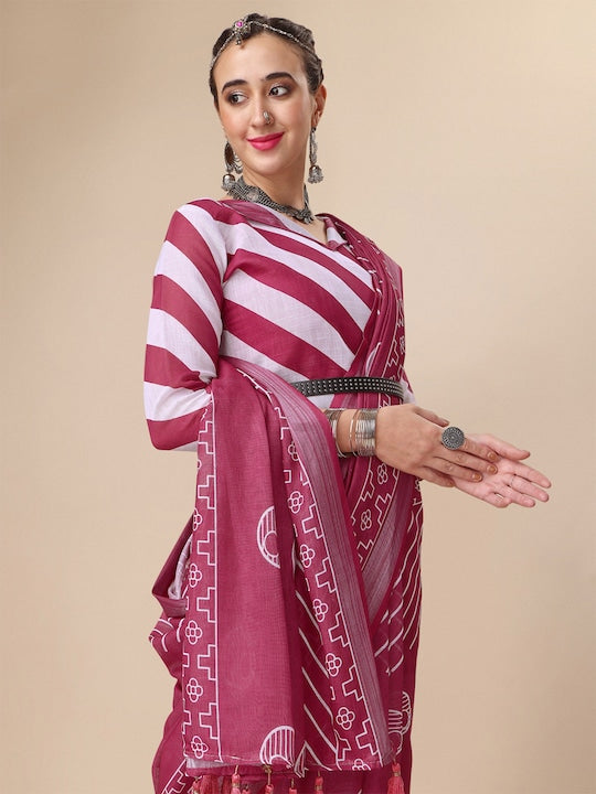 Maroon Color Casual Wear Printed Pure Linen Saree