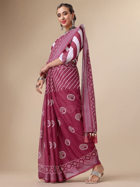 Maroon Color Casual Wear Printed Pure Linen Saree