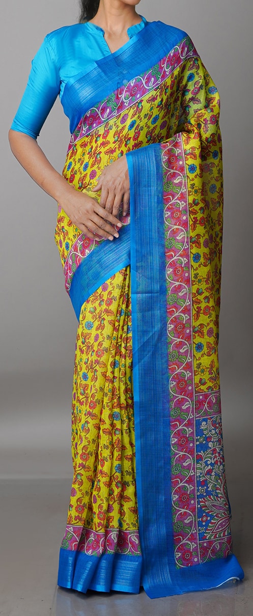 Yellow Color Festive Wear Printed Pure Linen Saree