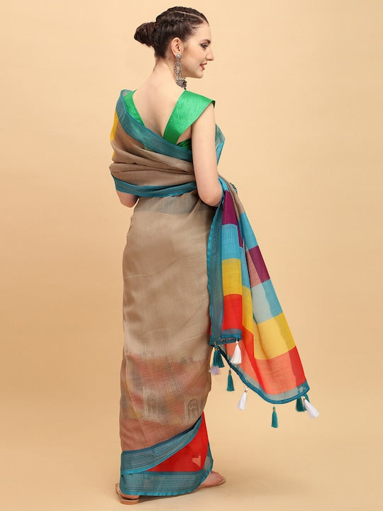 Multi Color Festive Wear Printed Pure Linen Saree