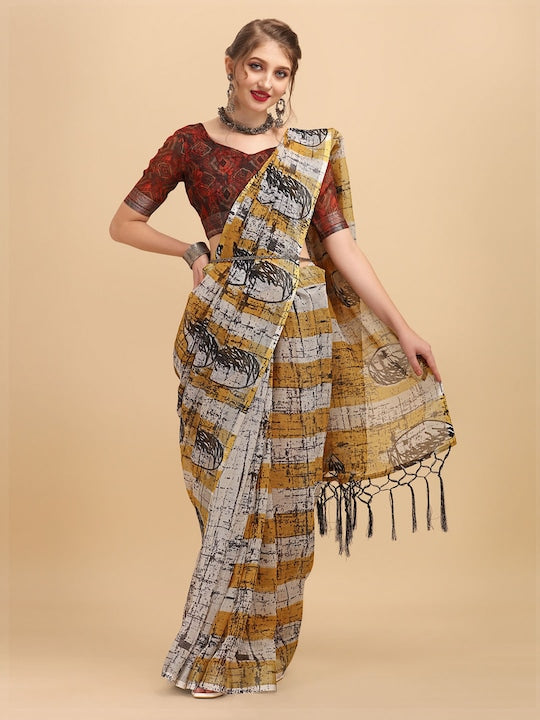 Yellow And White Color Festive Wear Printed Pure Linen Saree